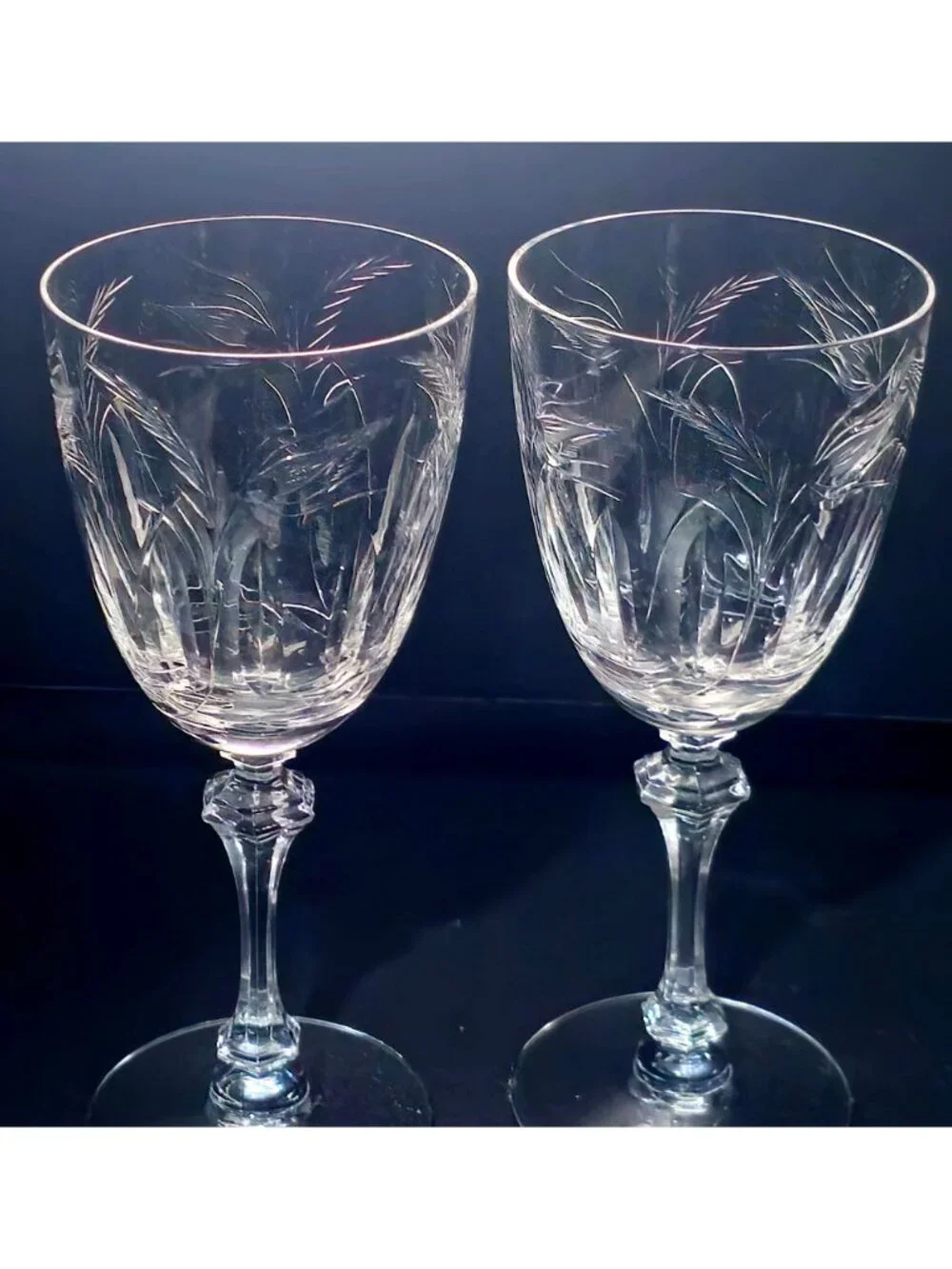 2 Tiffin Franciscan Moss Ross Water Goblets Etched Crystal Wine Glasses rare 60s